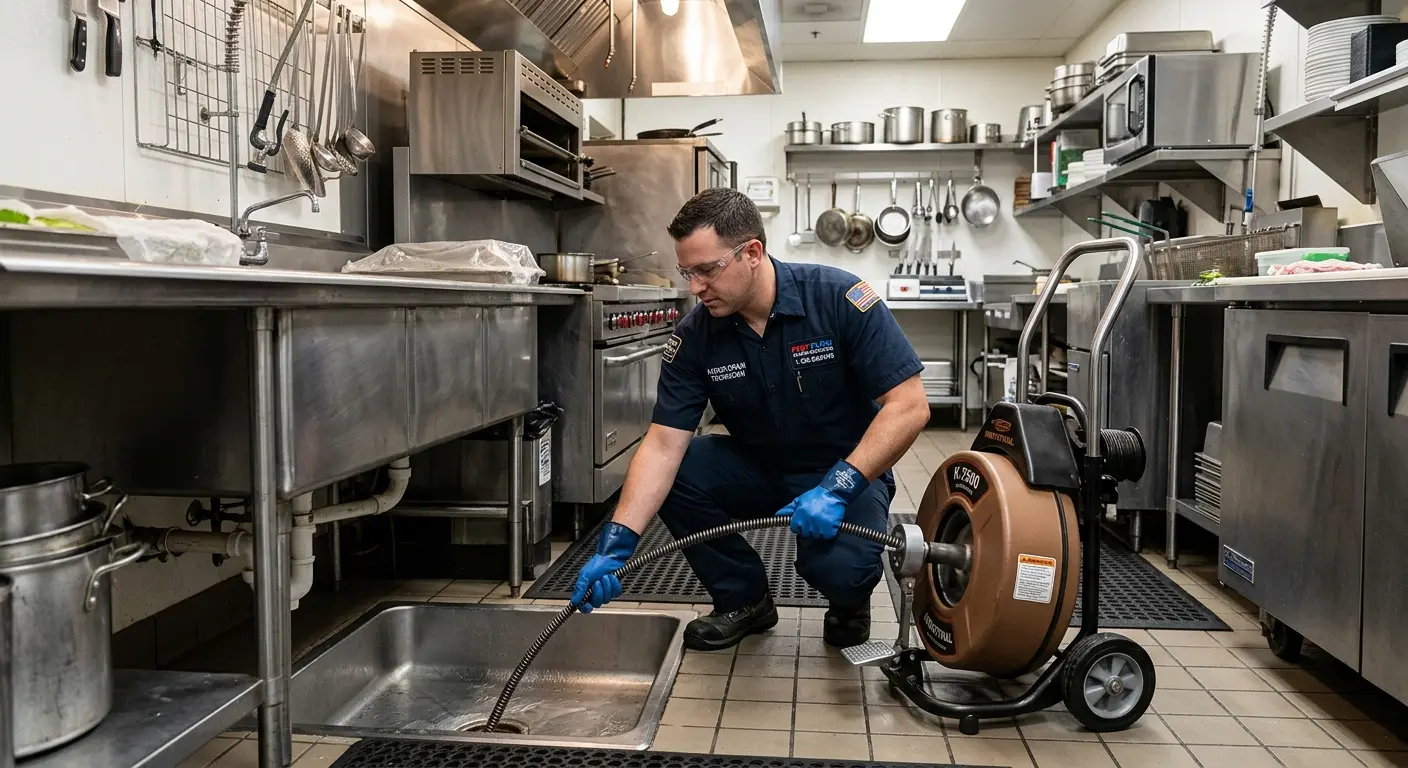 Commercial drain cleaning service in a restaurant kitchen in Camas