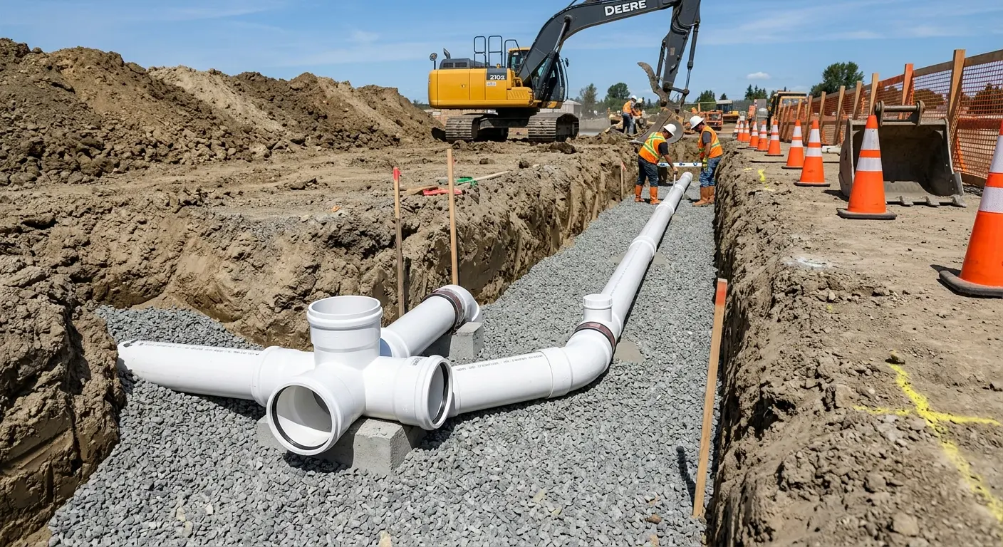 New PVC sewer pipe installation in open trench for Grease Trap Cleaning in Camas