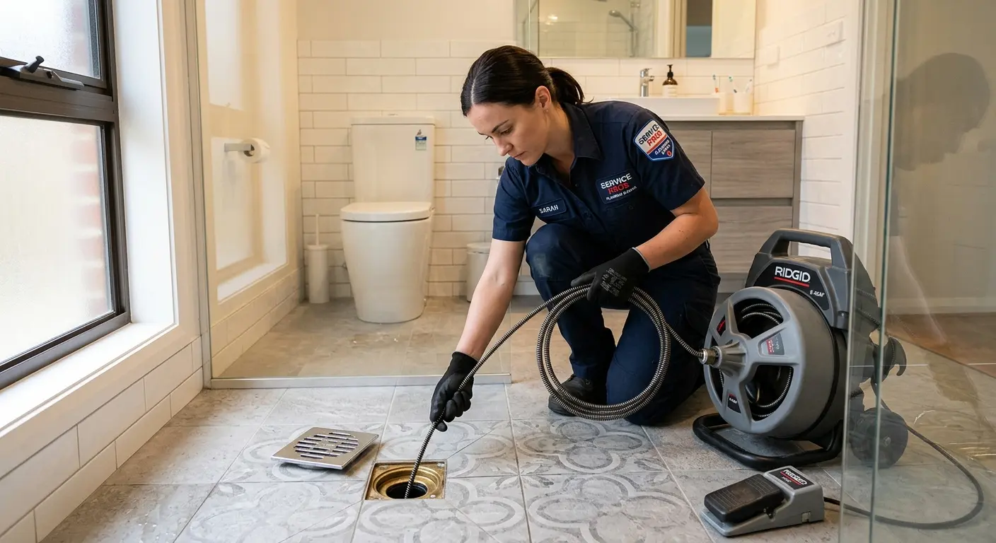 Technician clearing a bathroom floor drain for Hydro Jetting in Camas